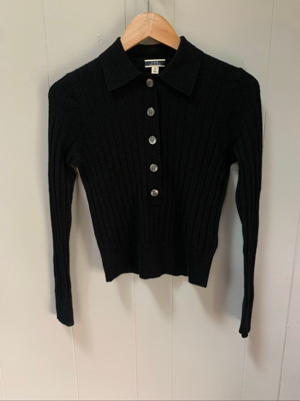J. Crew Featherweight Cashmere Ribbed Collared Sweater Black Small